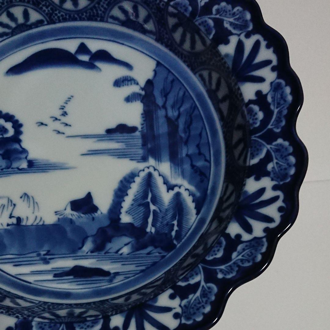 大判皿　龍峰　白×青　新品