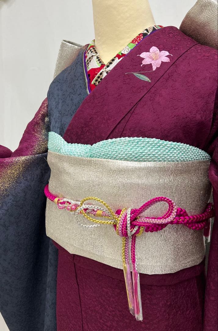 振り袖　フルセット　長襦袢付　金彩加工　希少銀無地両面全通袋帯　535