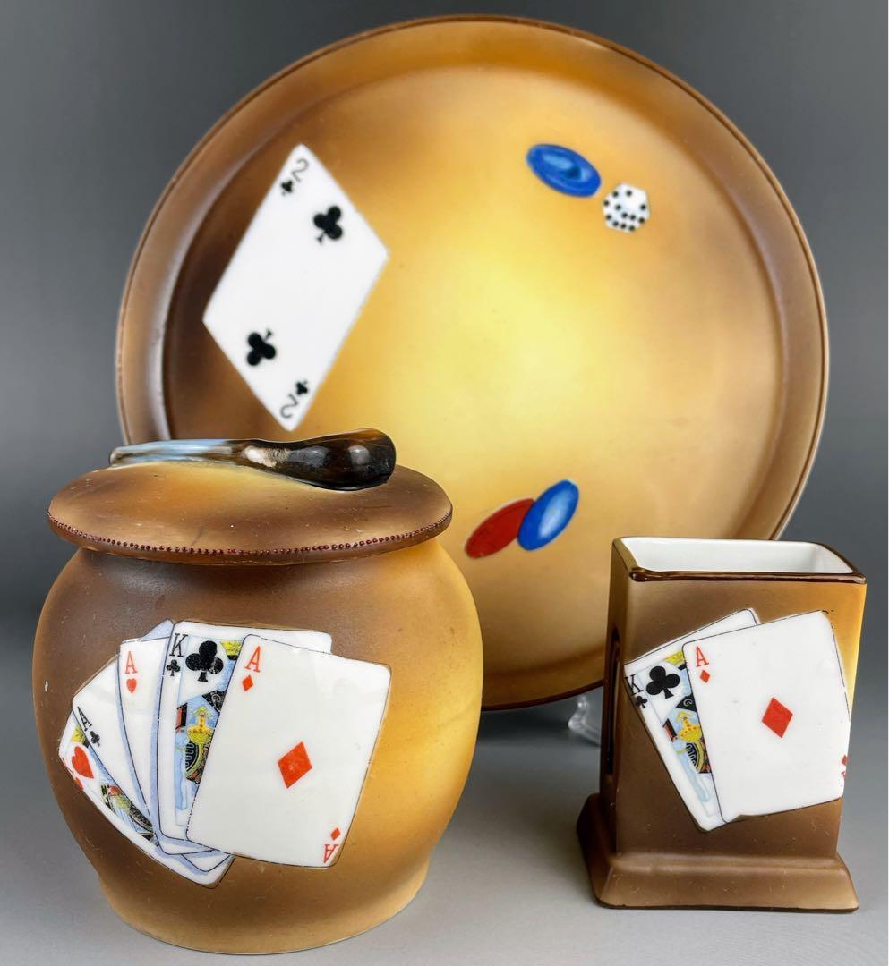 【希少】オールドノリタケ トランプ紋 タバコ入れ マッチホルダー トレイ