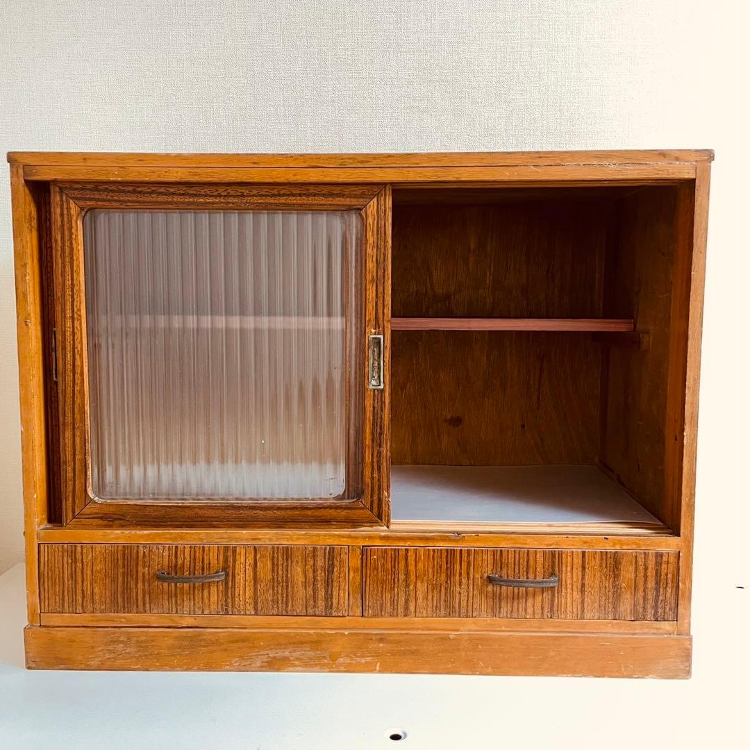 昭和レトロ　戸棚　ガラス戸　食器棚　アンティーク　古家具　木製