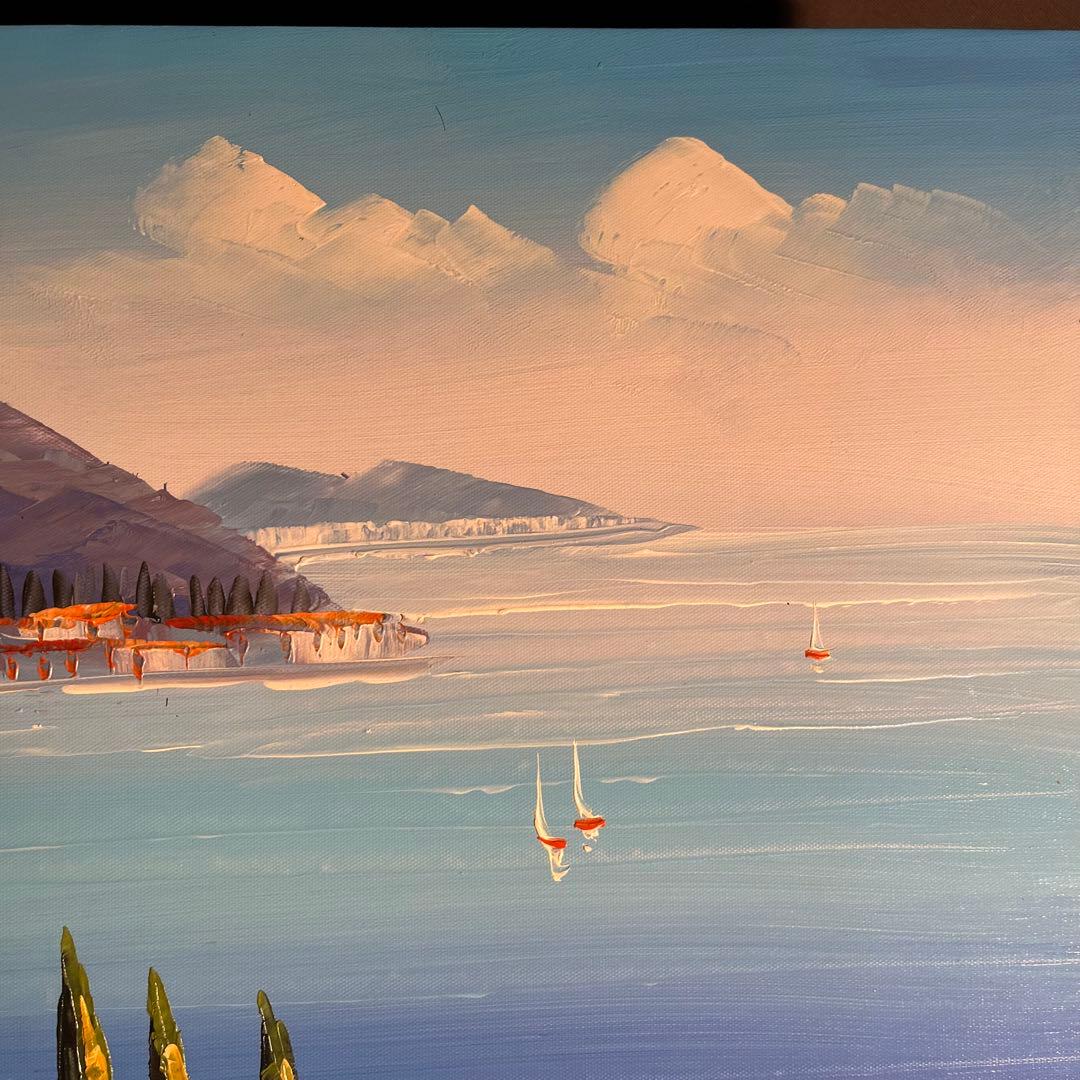 （大型）手書き油絵 地中海の風景 肉筆絵画 インテリア 油彩画