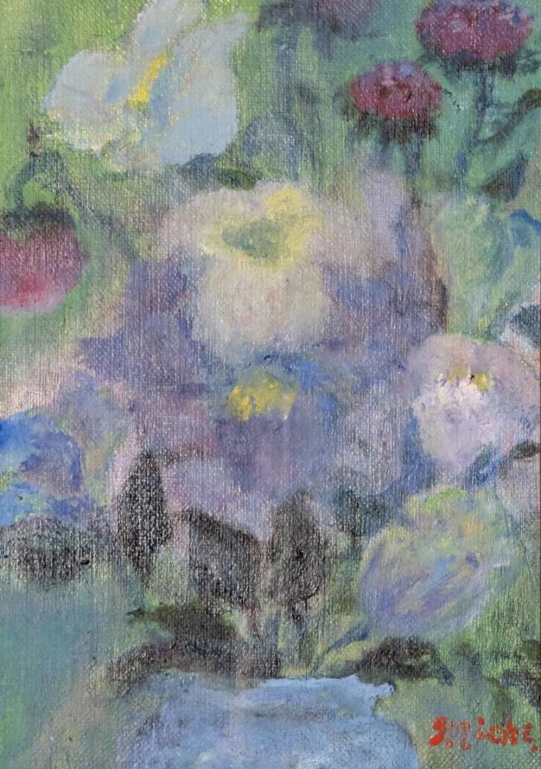 【真作】絵画　油彩SM　やさしき花々　印象派風　小品　美しい色彩アート　X164