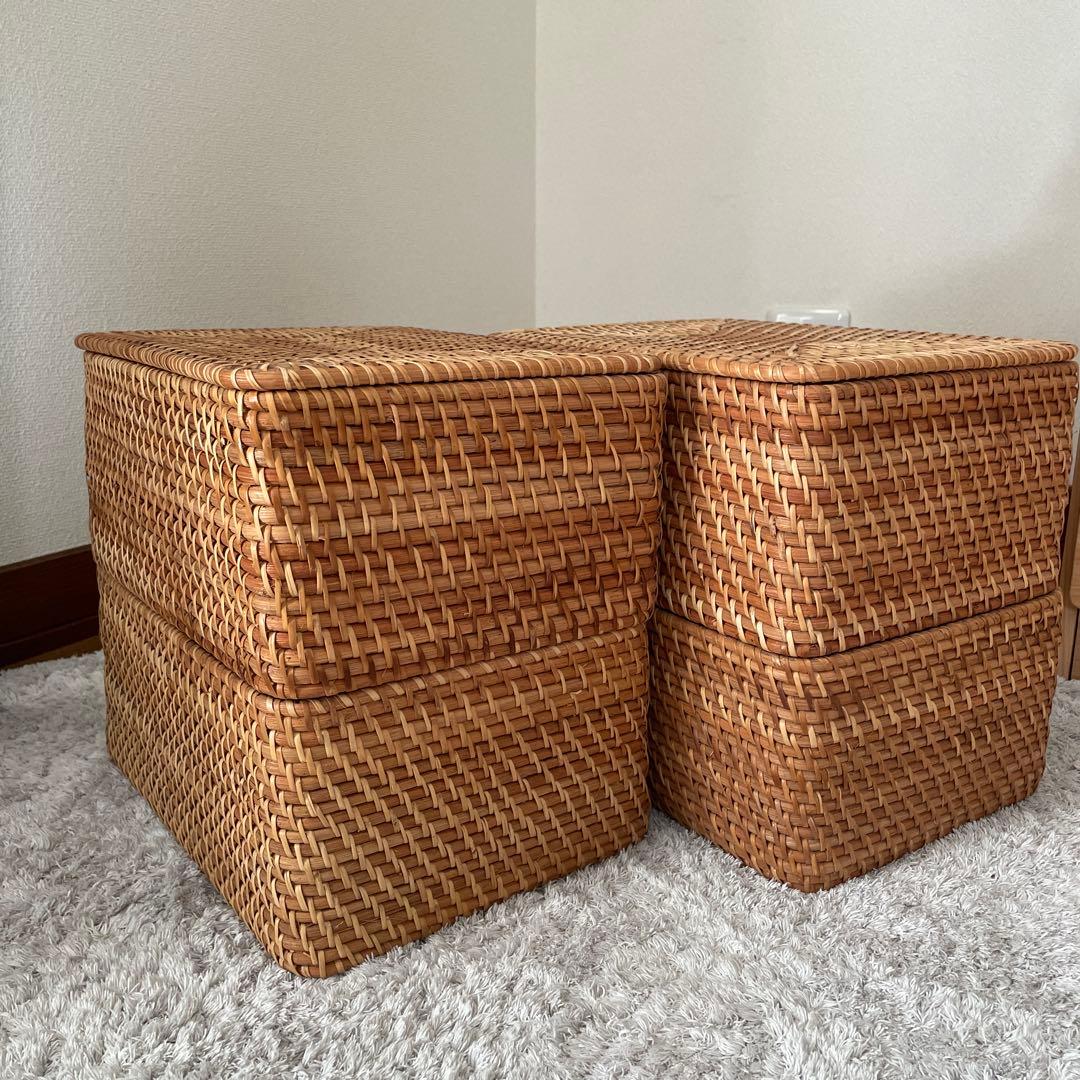 ⭐︎美品⭐︎無印良品　重なるラタン長方形バスケット4こ＋フタ2こ⭐︎内布付き
