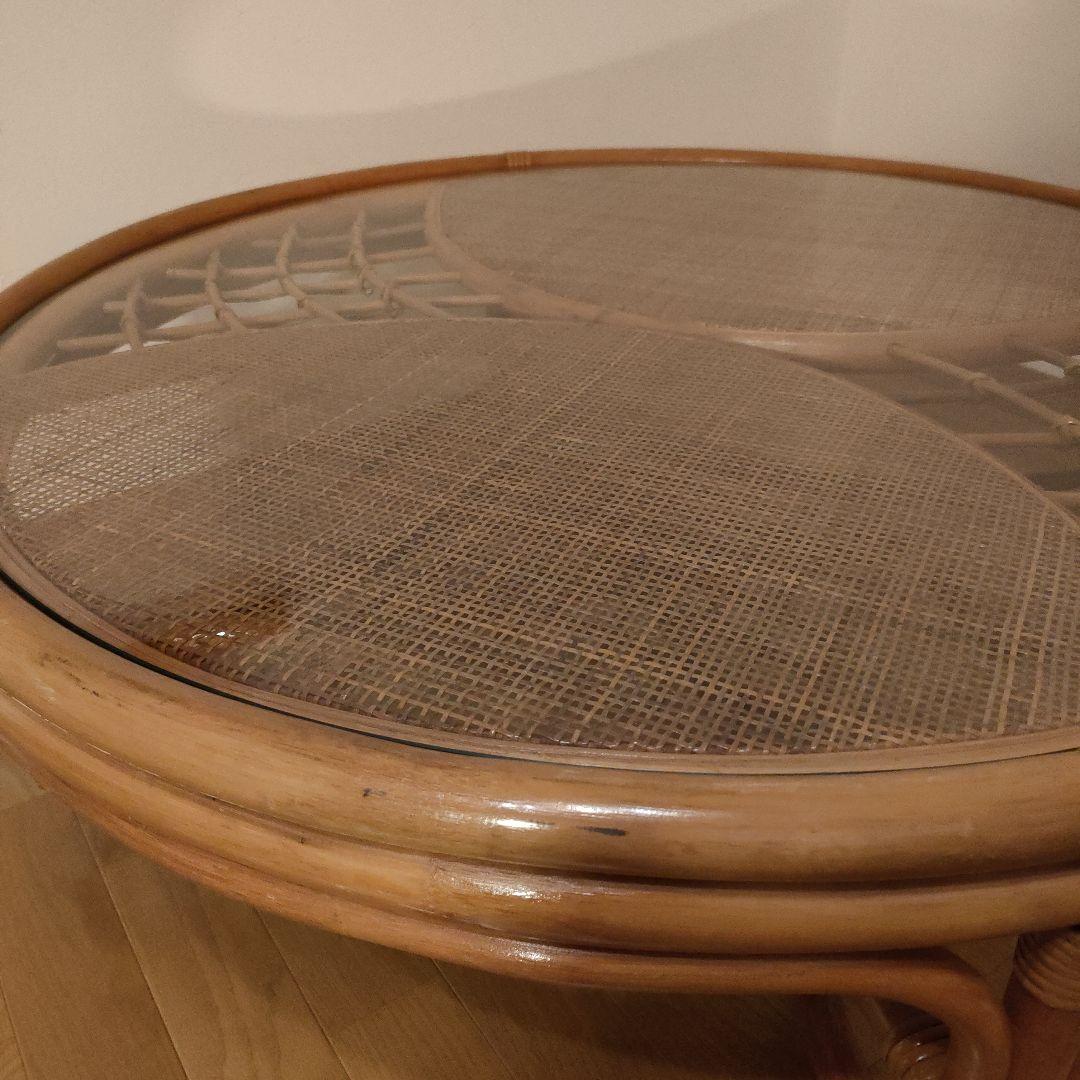 ラタン 藤 ガラス天板 丸テーブル 座卓 レトロ モダン 直径約90cm