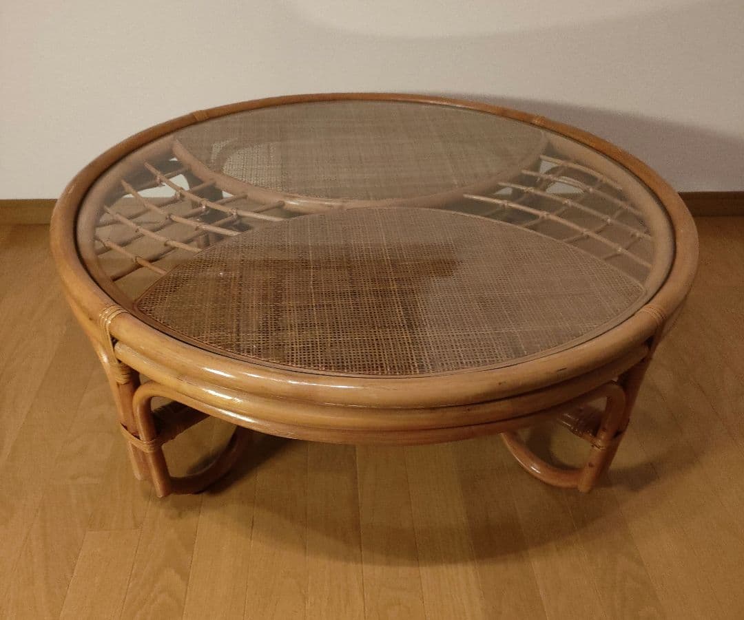 ラタン 藤 ガラス天板 丸テーブル 座卓 レトロ モダン 直径約90cm
