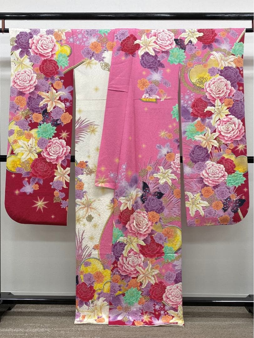 振袖 豪華 銀通し 刺繍 金彩 紋意匠 薔薇 百合 身丈161cm 撥水加工済