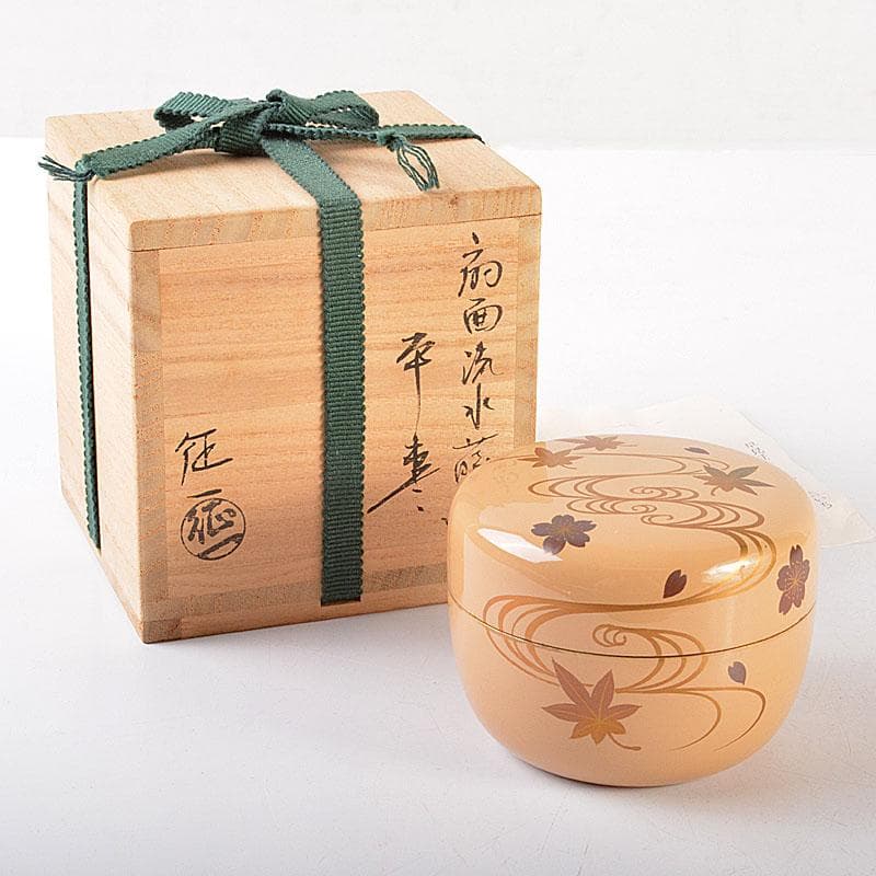 茶道具　山中塗　早見征一作　白漆　扇面流水蒔絵　平棗　共箱　V　6844