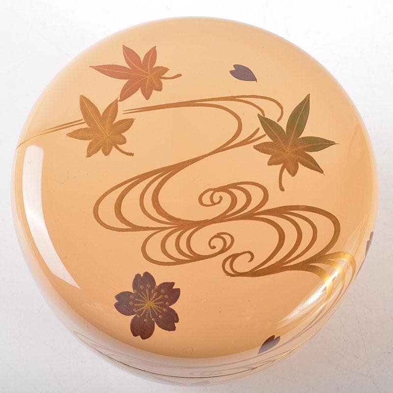 茶道具　山中塗　早見征一作　白漆　扇面流水蒔絵　平棗　共箱　V　6844