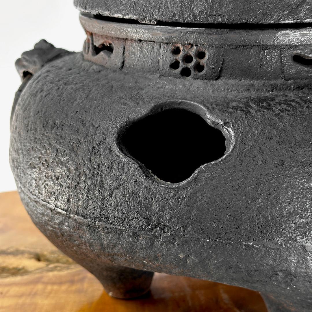 昭和ビンテージ　鉄鬼面風炉・茶釜　唐銅蓋　茶道具