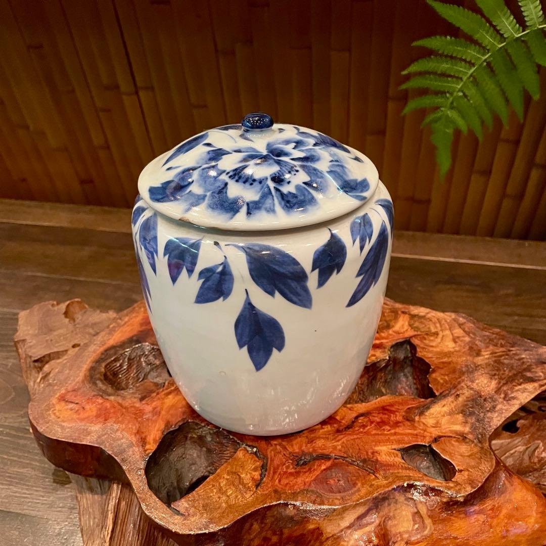 牡丹 染付 蓋物 瓶☆古民家 富貴花 骨董 粋 レトロ アンティーク 風雅 膳
