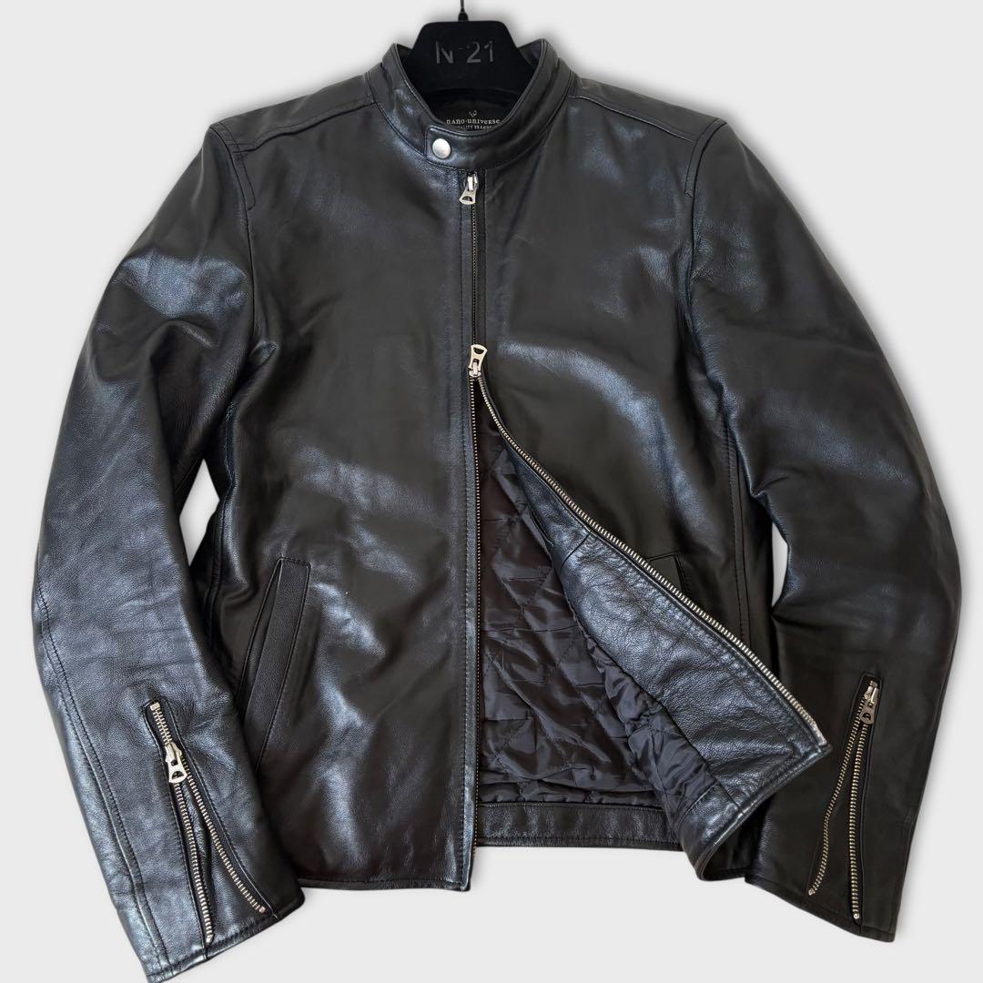 美品 ナノユニバース 羊革 シングルライダース キルティング レザージャケット
