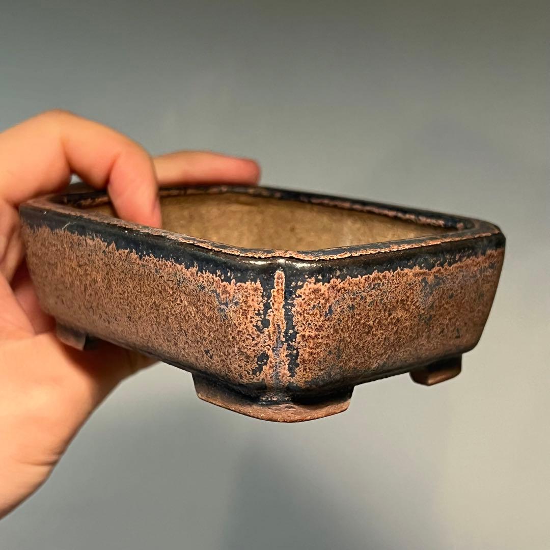845.虹泉 孔雀釉隅角長方 盆栽鉢 植木鉢 10.1*8.5*3.8cm