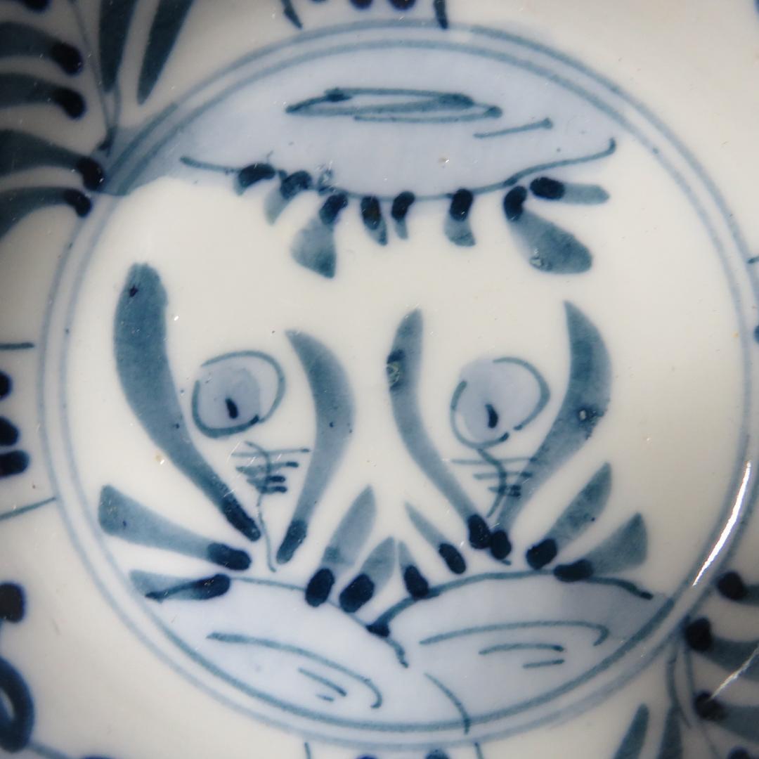 染付 5客 古伊万里 小鉢 歪み 窯傷 吉祥文 草文様 薄手 明治 大正 向付