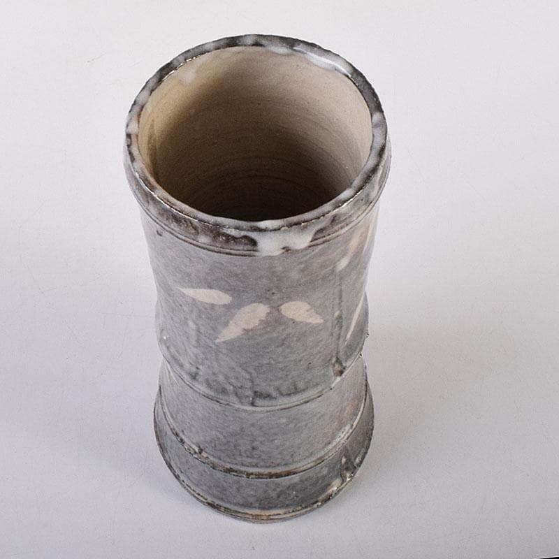 茶道具　泥中庵　真清水蔵六造　鼠志野　竹節花入　共箱　C　R7878