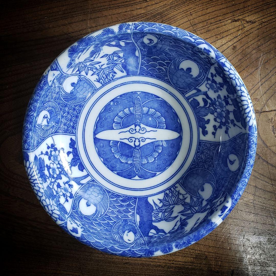 明治・大正期 印判 染付 蝶文 大鉢 径17cm 時代物 古伊万里 骨董