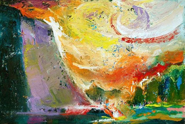 油絵 菅家令子絵画インテリア額付( 青緑＋金色の枠 )uF6-111309風景陽