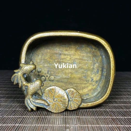 銅器 金魚筆洗 四方双魚硯台 文房四宝 装飾品 工芸品 美術品 置物