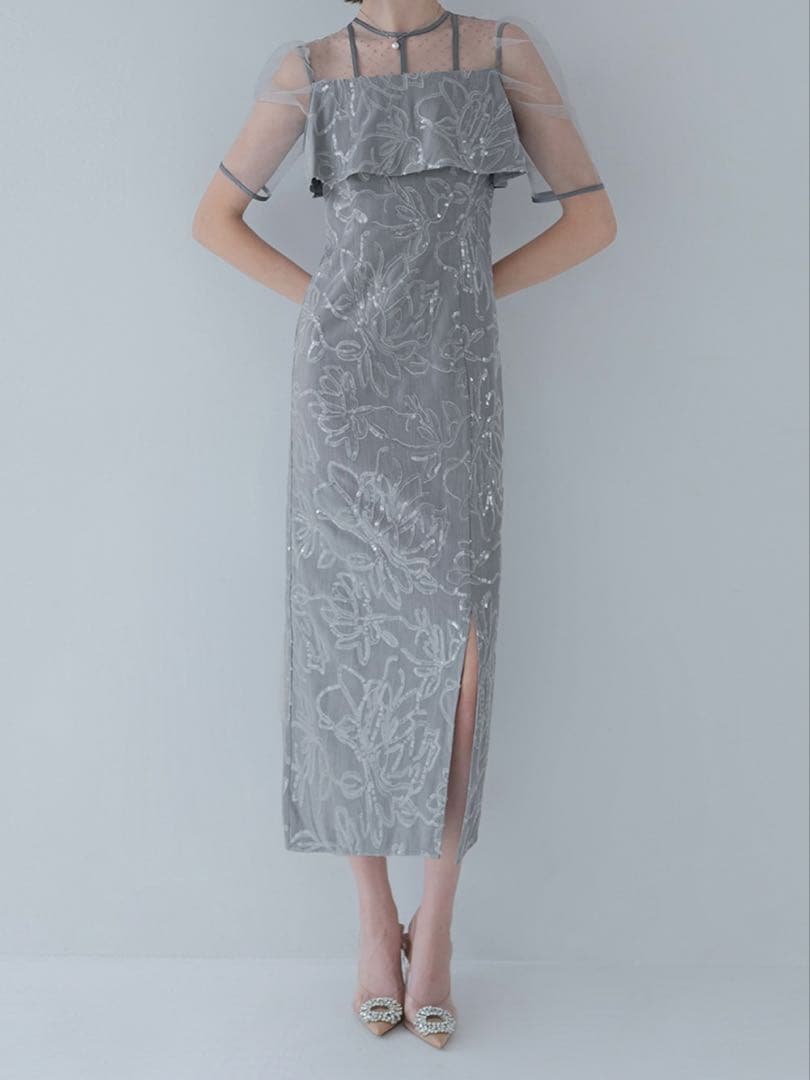 ドットチュールフラワースパンコールIラインワンピースドレス結婚式二次会パーティー