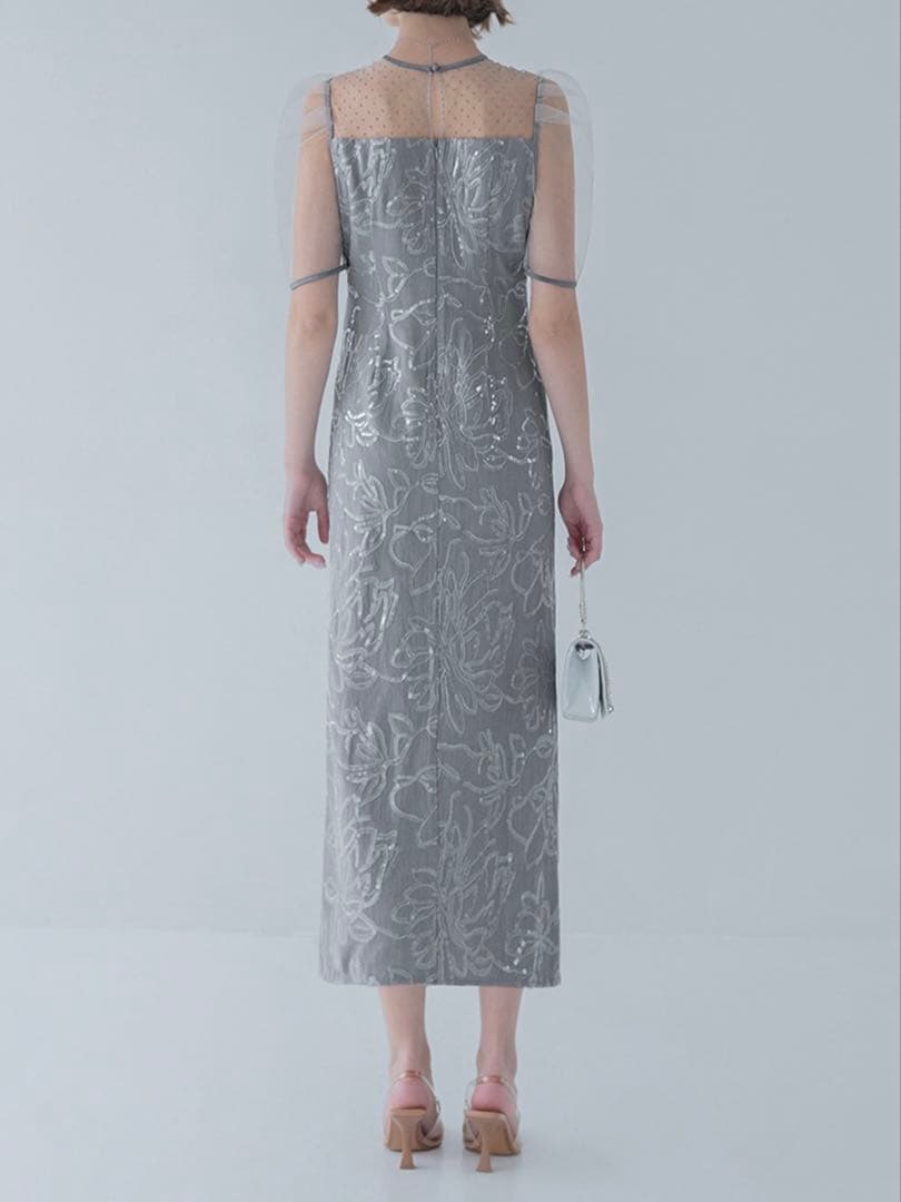 ドットチュールフラワースパンコールIラインワンピースドレス結婚式二次会パーティー