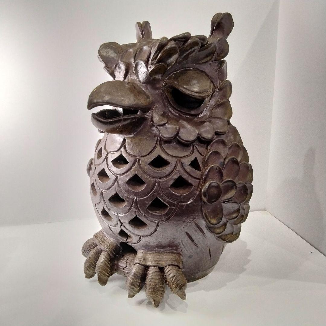 X119-1 備前焼 ミミズク 透かし細工 置物　BB