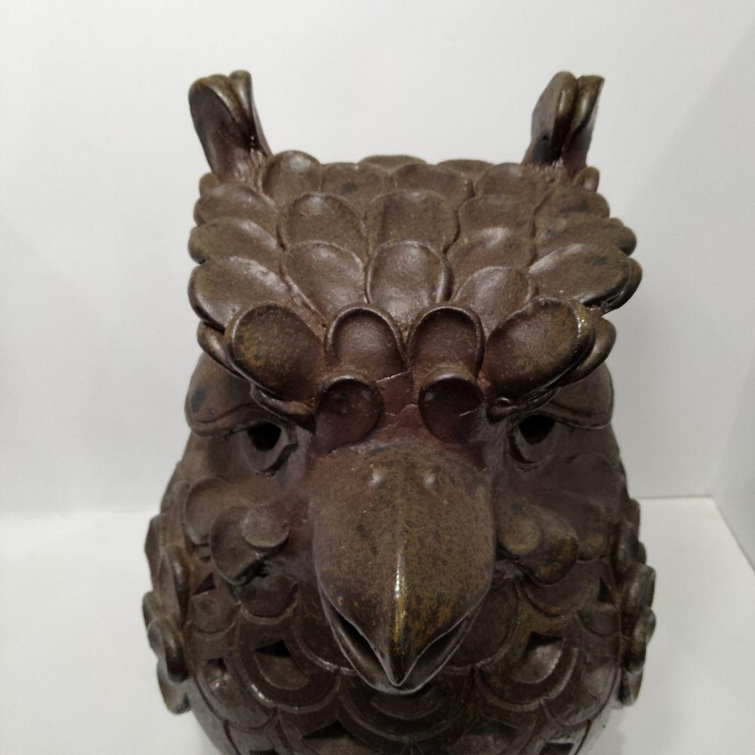 X119-1 備前焼 ミミズク 透かし細工 置物　BB