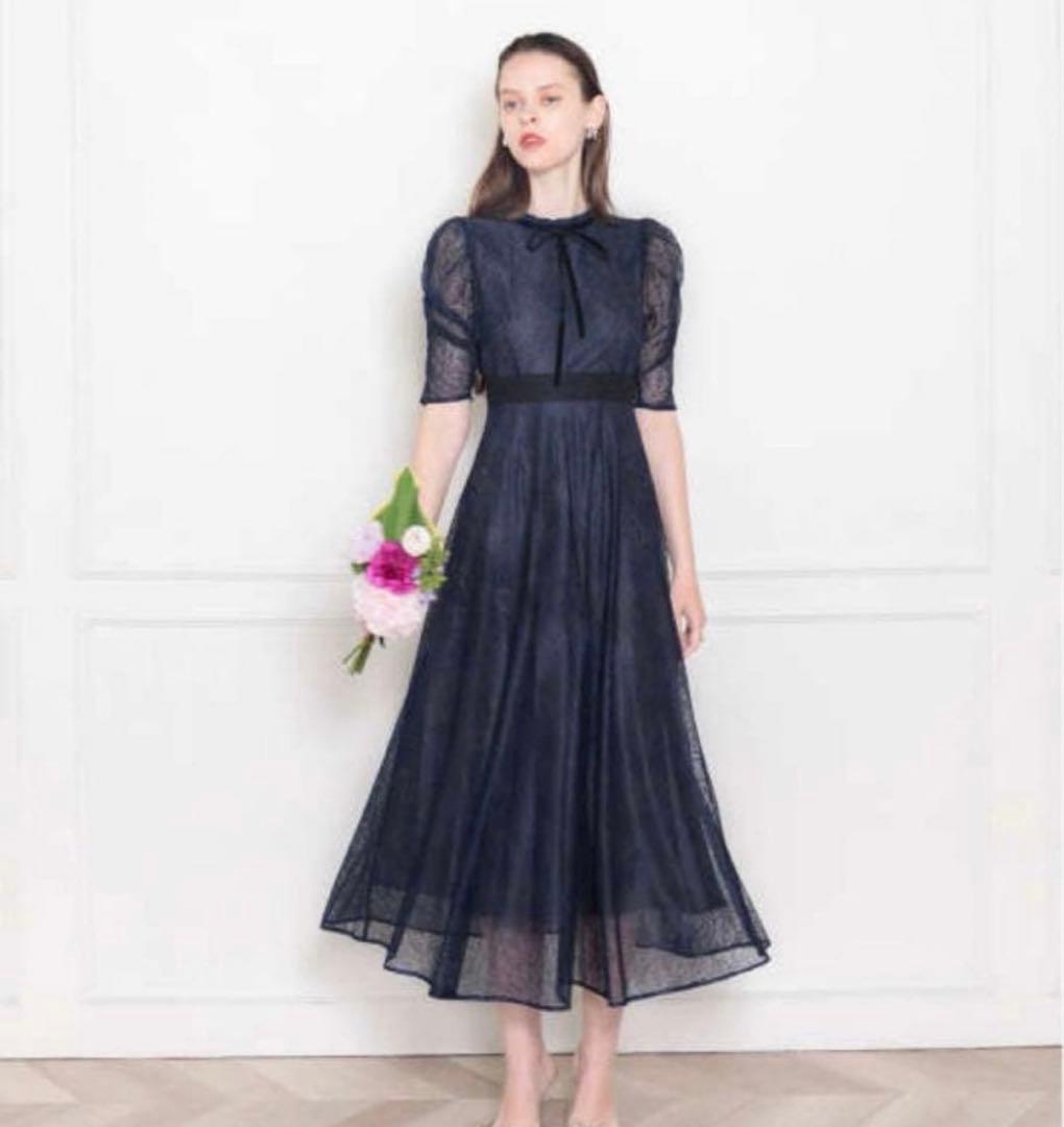 leja レジャ　ウエストマークパフスリーブ総レースロングドレスワンピース