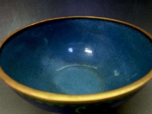 茶碗■銅胎有線七宝 藍地 七宝 朝顔 蝶紋 青 碗 ぐい呑み 古玩唐物 骨董品■