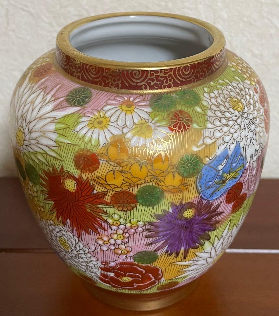 丸十　◯十　薩摩焼　薩摩藩　マーク　色絵金襴手花詰 花瓶　骨董　大変希少