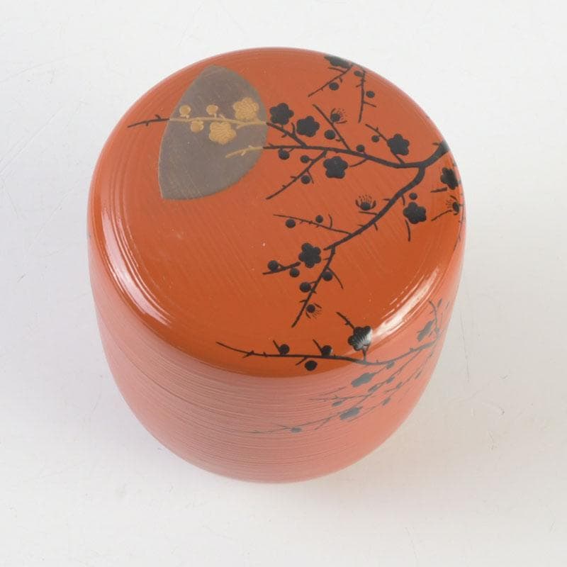 茶道具　山中塗　道場宗廣作　朱刷毛目　梅月蒔絵　大棗　共箱　V　9836