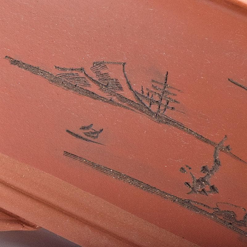 中国　紫砂　朱泥　漢詩山水刻　植木鉢　盆栽鉢　V　R8480H