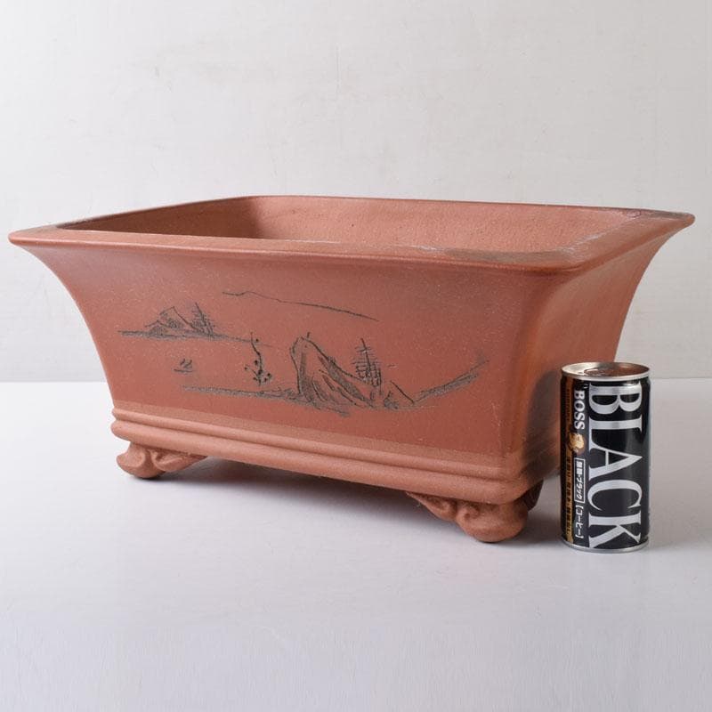 中国　紫砂　朱泥　漢詩山水刻　植木鉢　盆栽鉢　V　R8480H