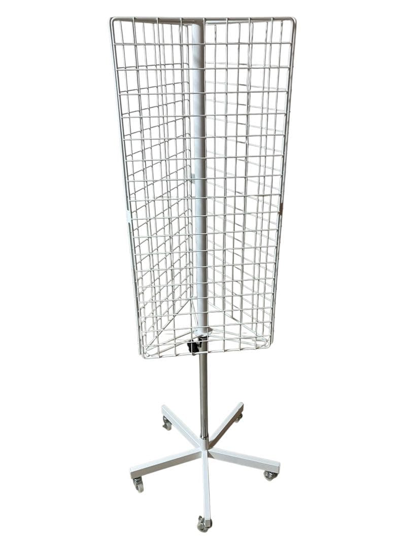 【美品】三角回転ネット什器 ロング ホワイト 3面 ネット キャスター付 回転式