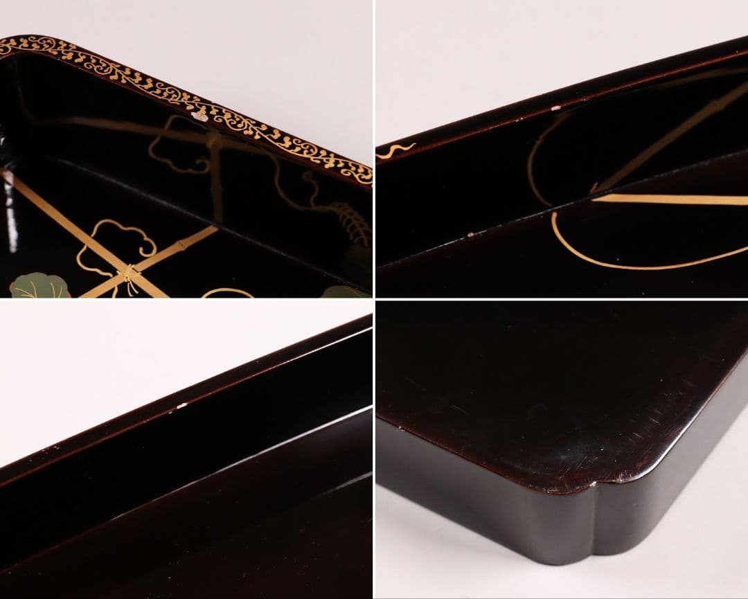 瓢箪雀蒔絵 広盆 大小一組 黒塗 金銀 螺鈿 木製漆器 広蓋 長方盆 花鳥MA9