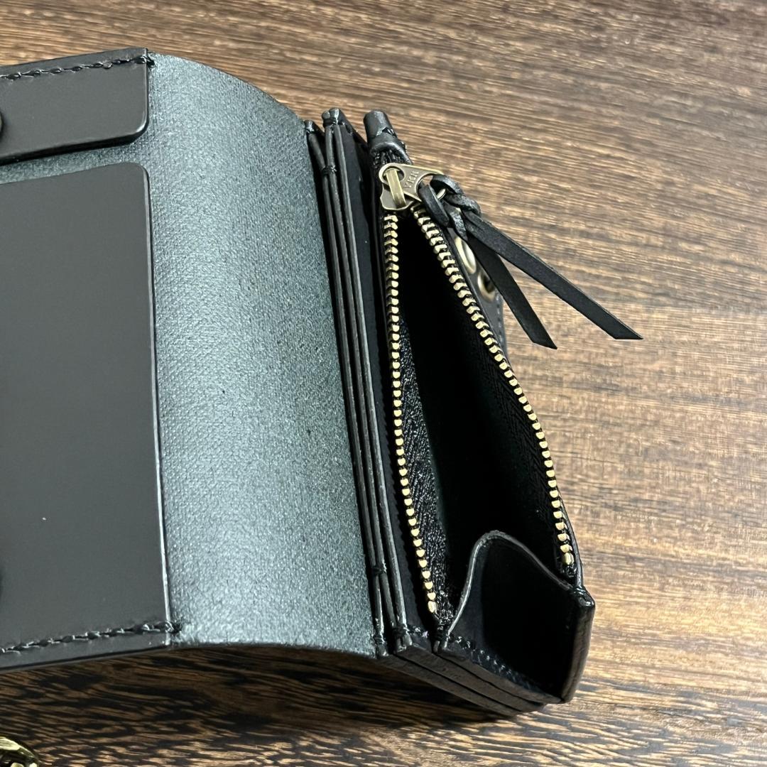 【よし】ショートトラッカーウォレット（本革、ブラック、シルバー）