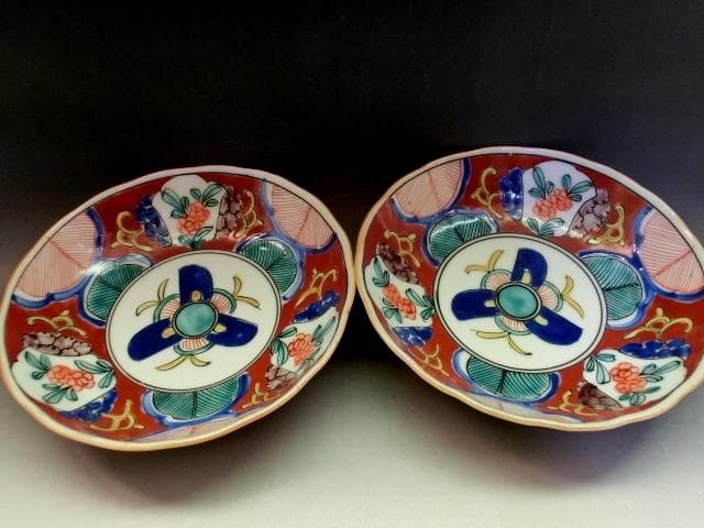 鉢■なます皿14客 赤絵 膾皿 赤絵鉢 窓絵花唐草 蛇の目 明治期 時代物 骨董