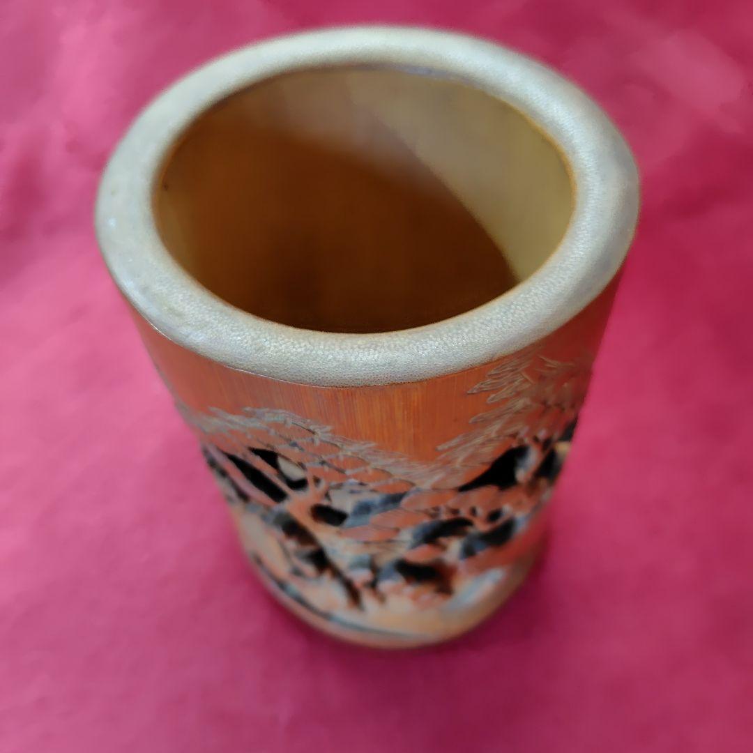 アンティークな中国筆筒　古竹彫刻