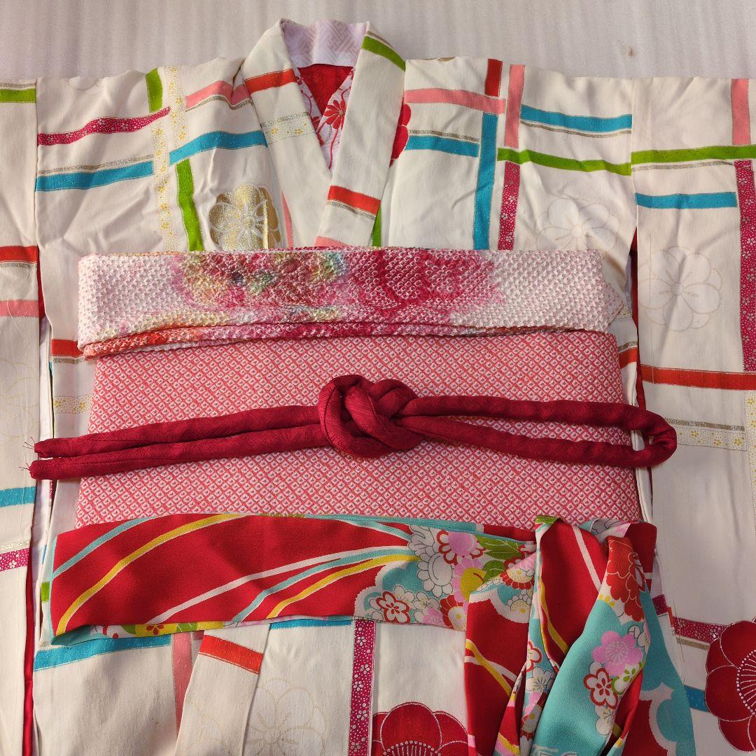 七五三７歳正絹着物とハンドメイドのだらり帯と帯締め帯揚げとしごきのセット