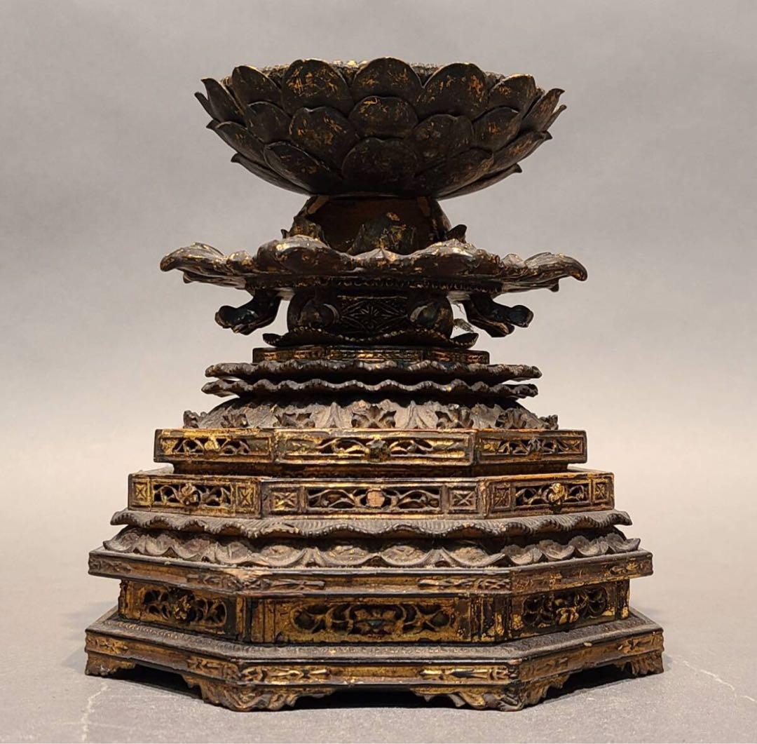 コレクション品 木彫金彩色 蓮台 仏教美術 仏像台座 時代物 骨董 一点物 彫刻