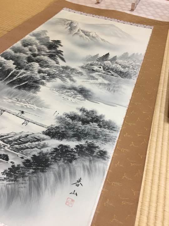 特別価格！茨木春山   掛け軸 水墨山水 尺八立