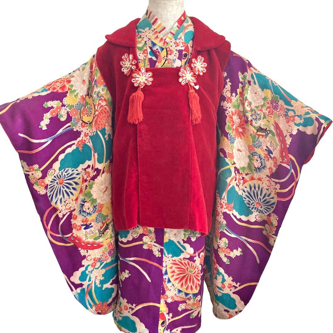 ターコイズ アンティーク3歳 女の子 子供着物 七五三 アンティーク着物 NO