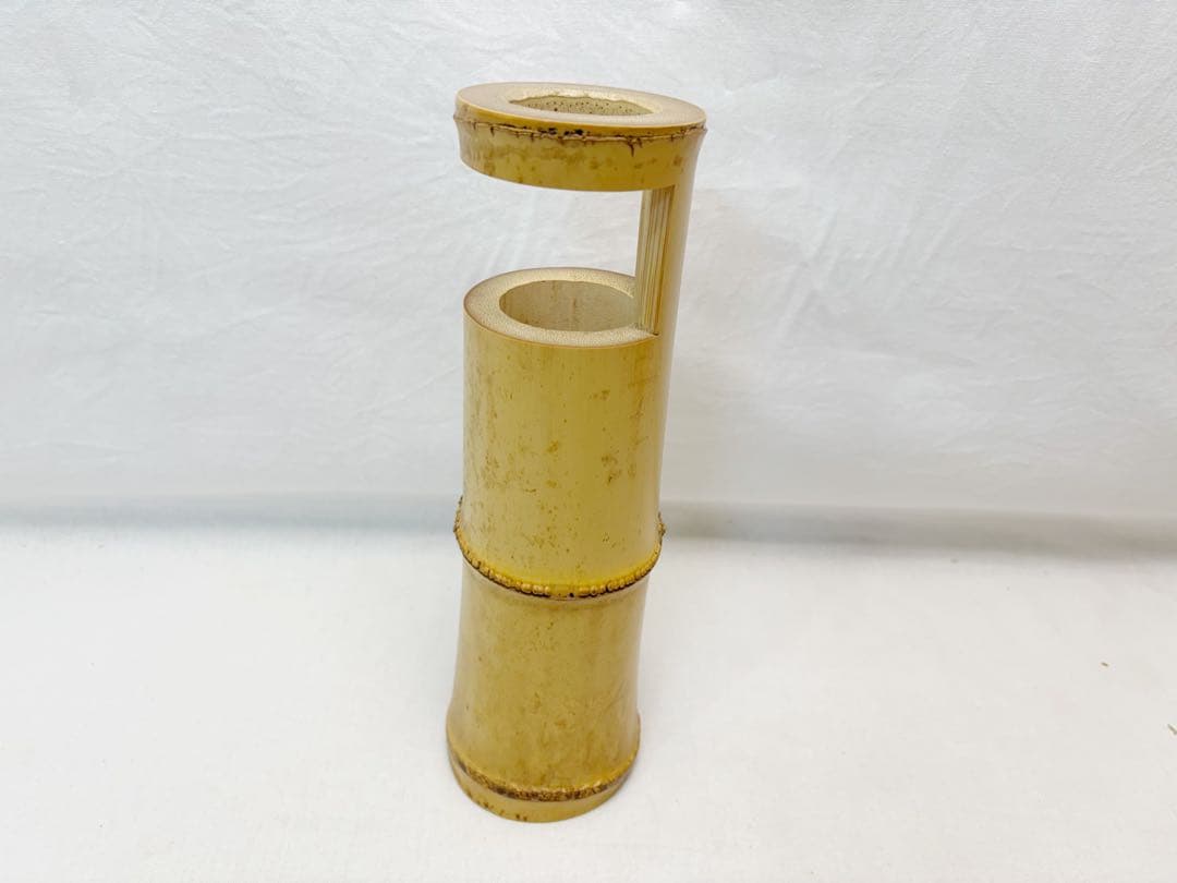 未使用 華道具 淳芳菴老竹芳作 銘 「福寿 」竹一重切花入 掛置兼用竹おとし共箱