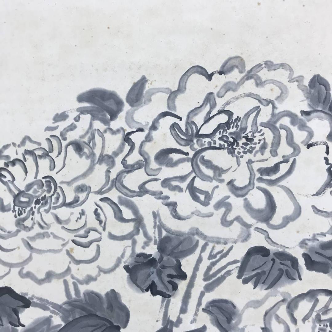 【真作】壷天子/牡丹図/花図/ボタン図/横物/掛軸☆宝船☆AD-559