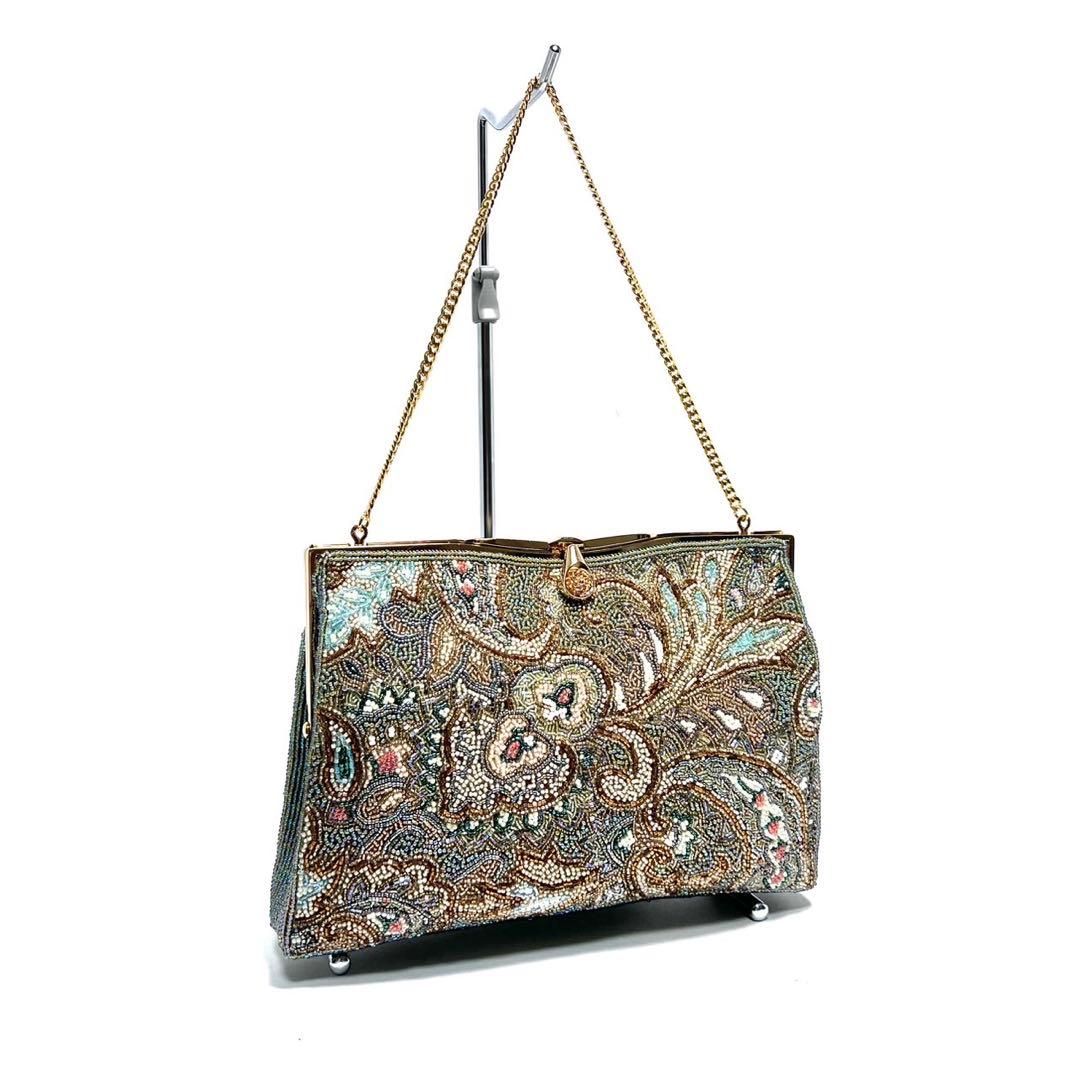 【美品】KUJAKUDO/ビーズ刺繍/総柄/グリーン系色/チェーンハンドバッグ