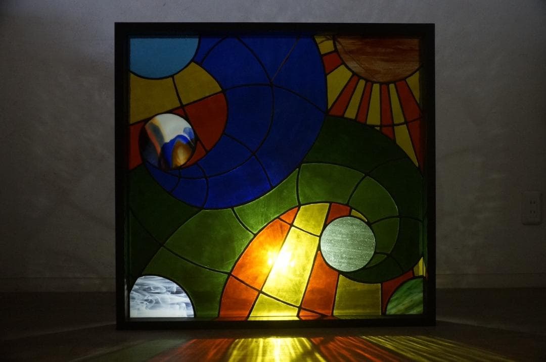 大型　ヴィンテージ　ステンドグラス　アンティークパネル 84.5×81