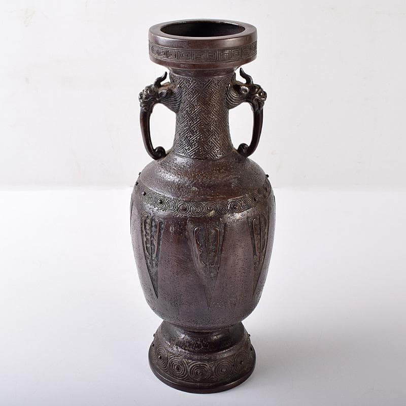 中国　大明宣徳年製　古銅宣徳銅　神獣双耳瓶　花入　時代箱付　F　R7894B