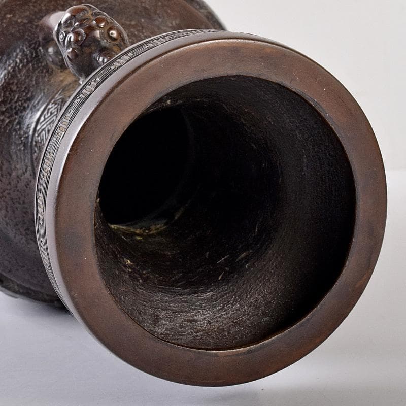 中国　大明宣徳年製　古銅宣徳銅　神獣双耳瓶　花入　時代箱付　F　R7894B