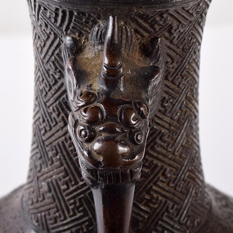 中国　大明宣徳年製　古銅宣徳銅　神獣双耳瓶　花入　時代箱付　F　R7894B