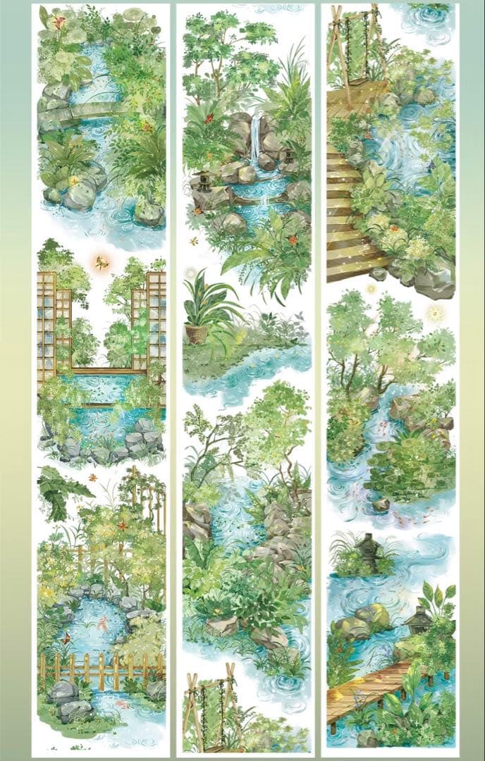 【8754】海外　マステ　5m巻売り　貝殻光カッティング　庭　竹の柵　小川