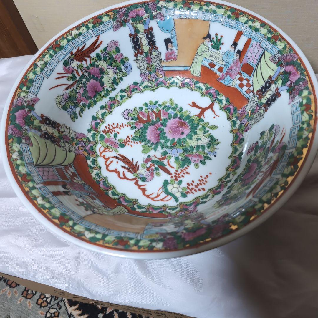 中国明時代五彩花、人物図特大丼