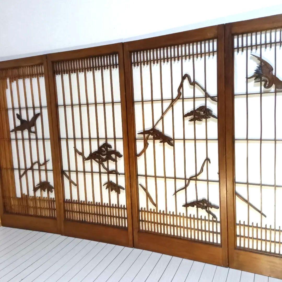 和風　木彫り　障子　４連　折りたたみ　衝立　パーテーション